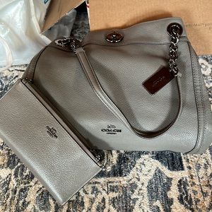 Women’s grey coach hand bag with matching wallet